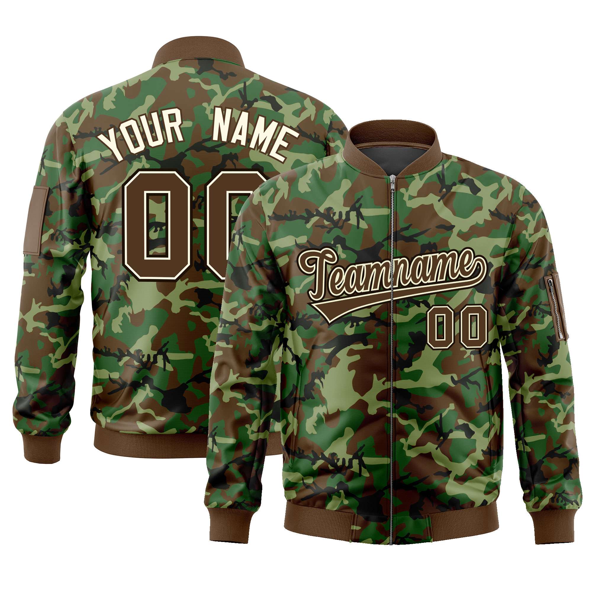 Custom Brown Khaki Varsity Full-Zip Camo Letterman Bomber Jacket