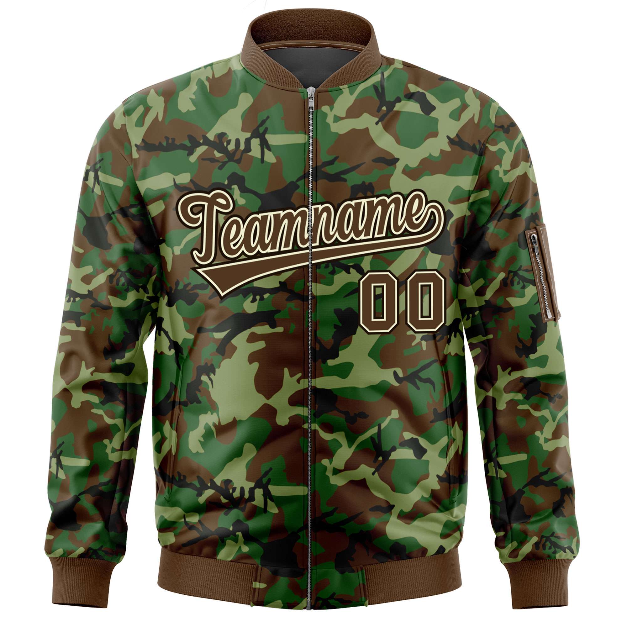 Custom Brown Khaki Varsity Full-Zip Camo Letterman Bomber Jacket