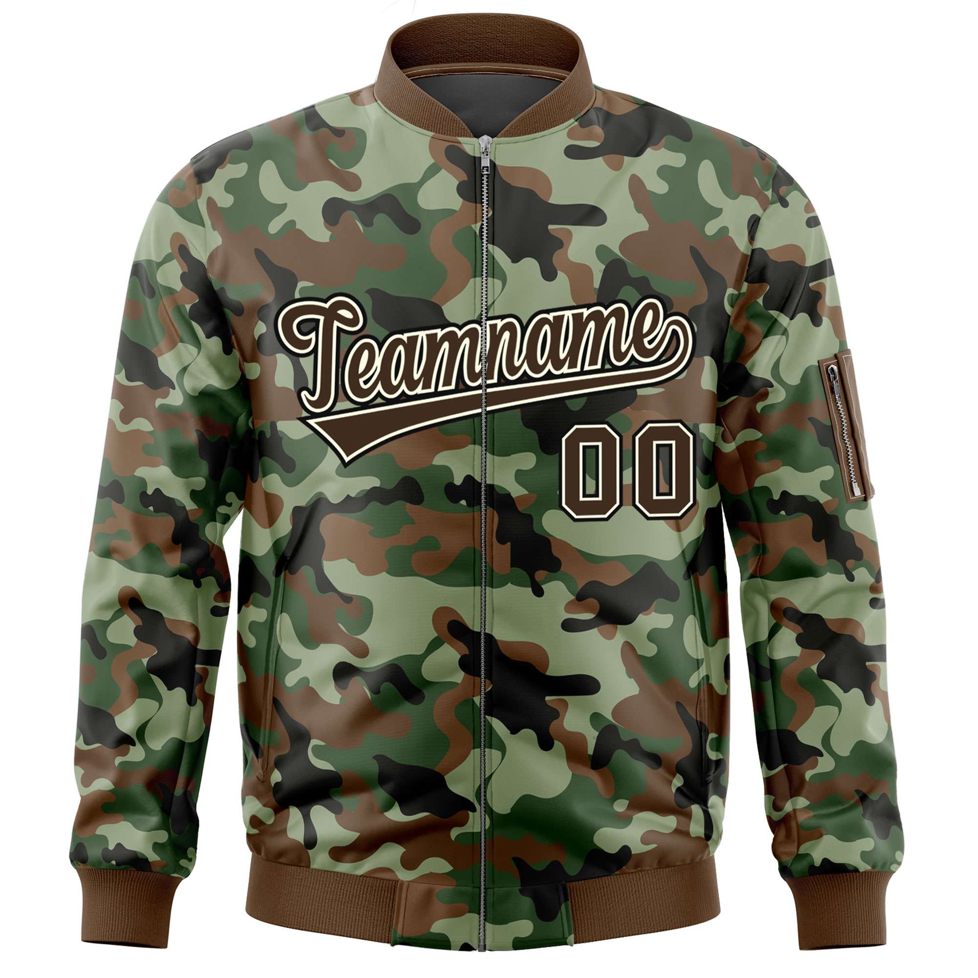 Custom Brown Khaki Varsity Full-Zip Camo Letterman Bomber Jacket