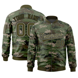 Custom Olive Varsity Full-Zip Camo Letterman Bomber Jacket