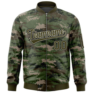 Custom Olive Varsity Full-Zip Camo Letterman Bomber Jacket