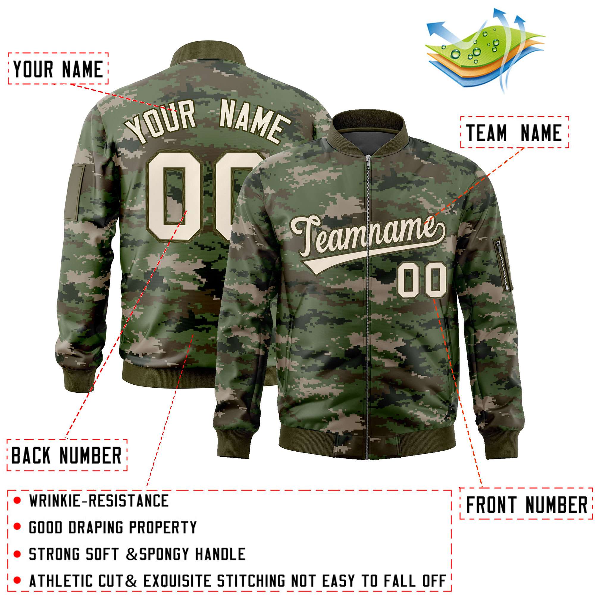 Custom Gray Olive Varsity Full-Zip Camo Letterman Bomber Jacket