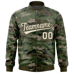 Custom Gray Olive Varsity Full-Zip Camo Letterman Bomber Jacket