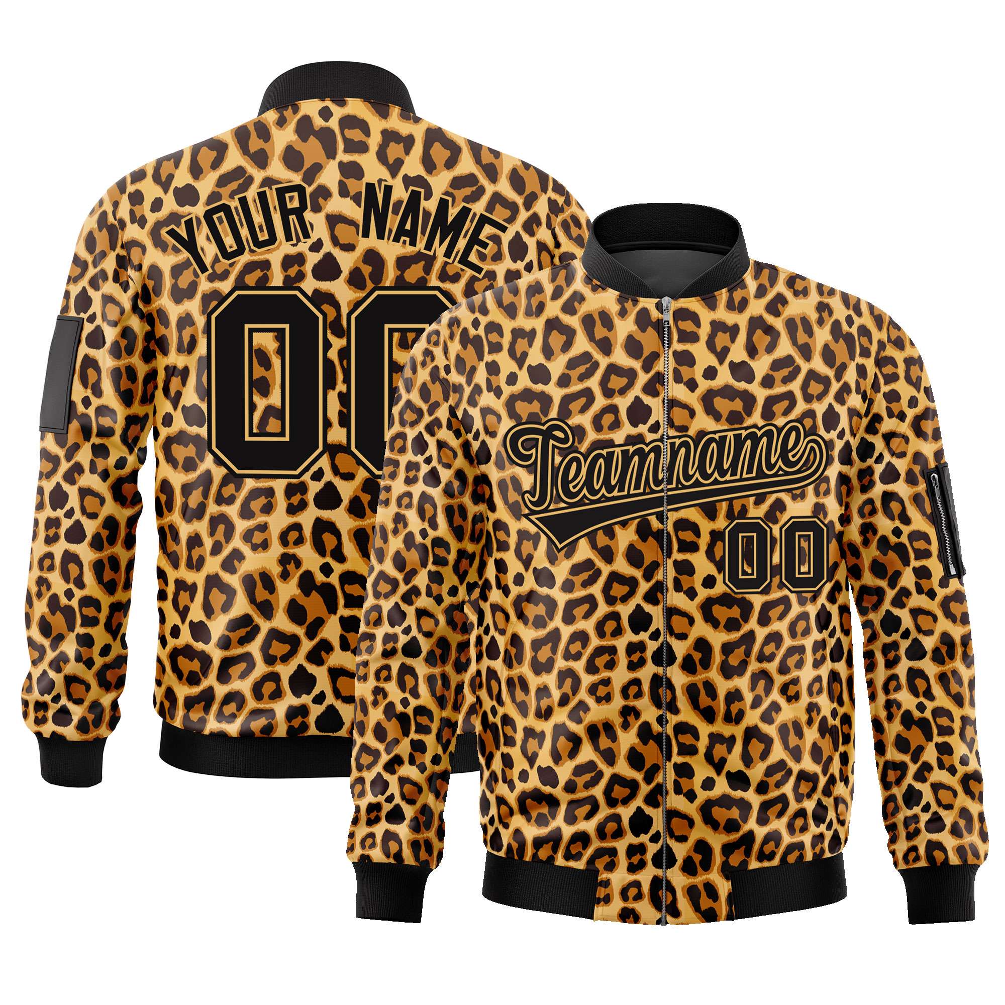 Custom Black Yellow Leopard Graffiti Pattern Zipper Cardigan Bomber Jacket