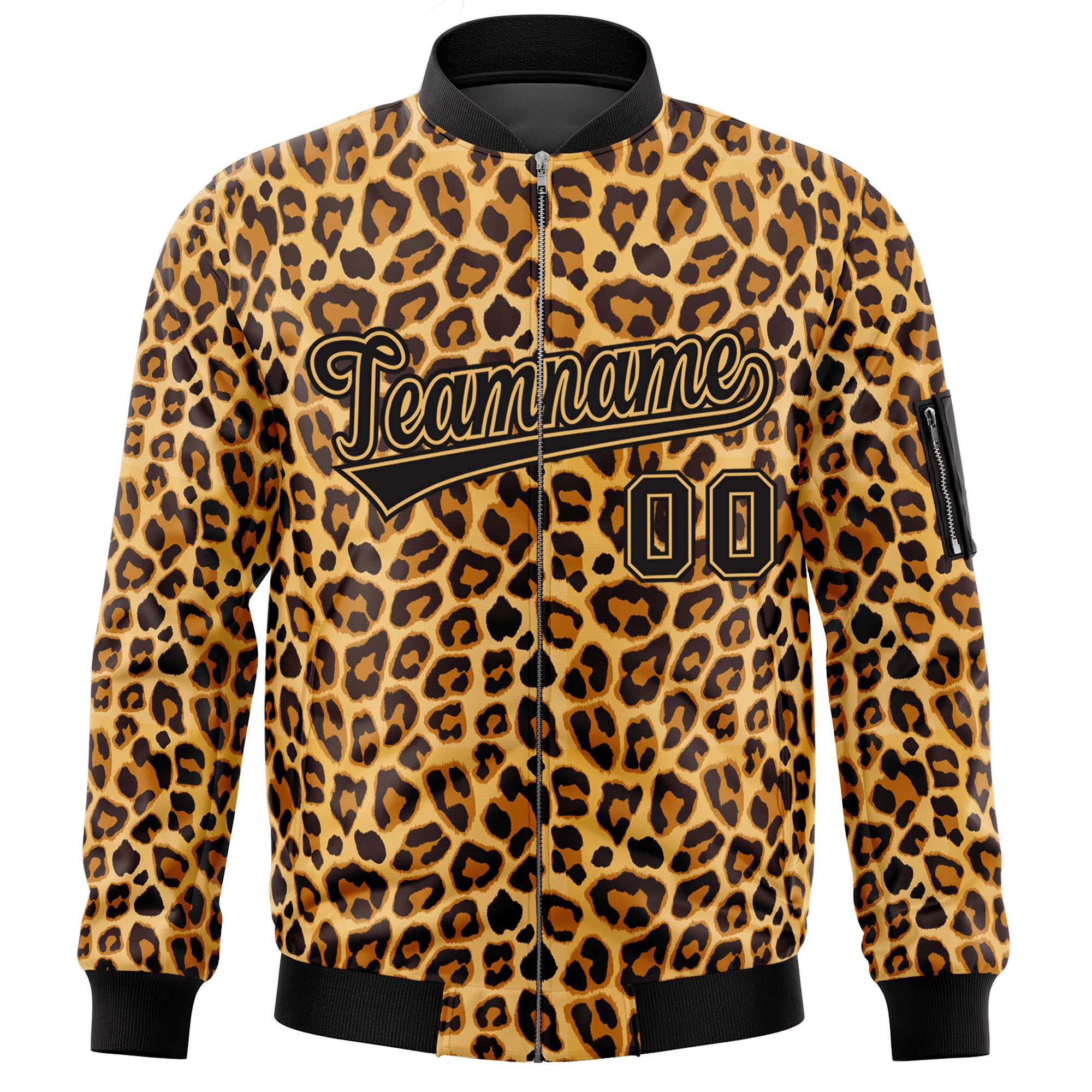 Custom Black Yellow Leopard Graffiti Pattern Zipper Cardigan Bomber Jacket