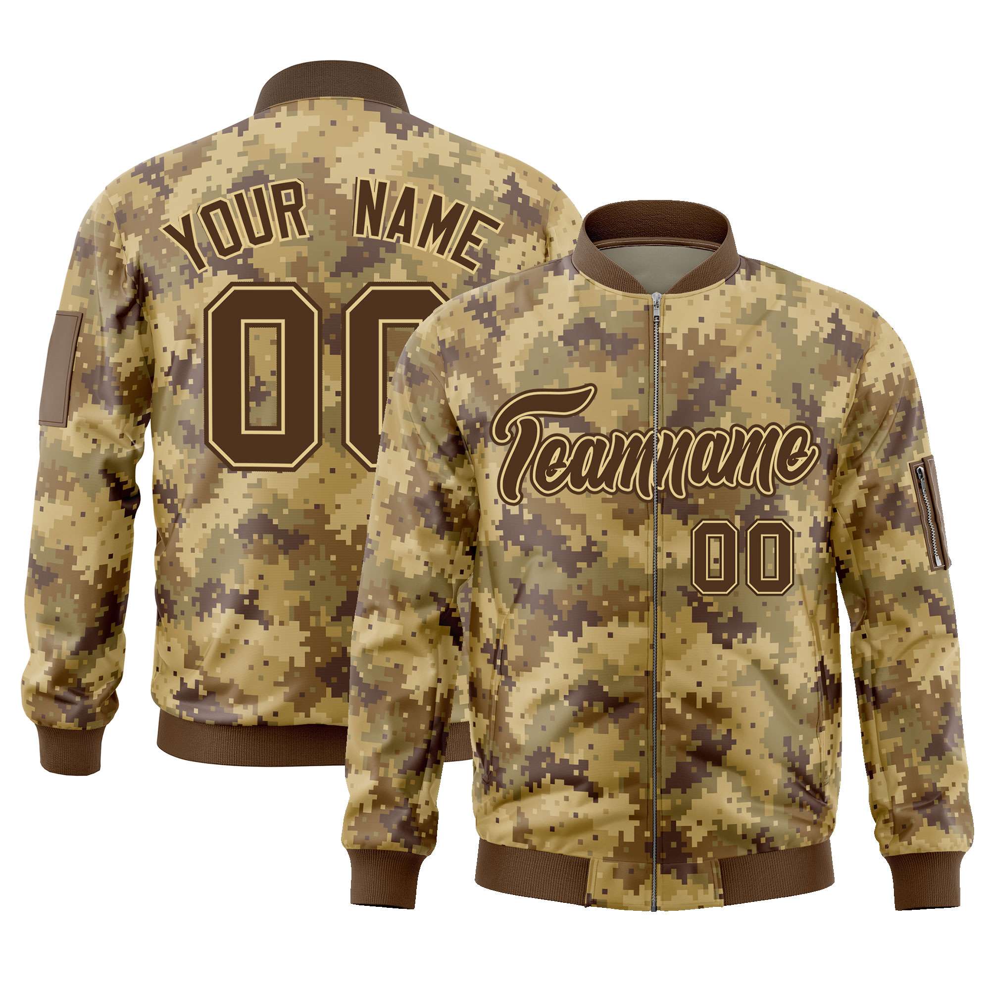 Custom Brown Varsity Full-Zip Camo Letterman Bomber Jacket