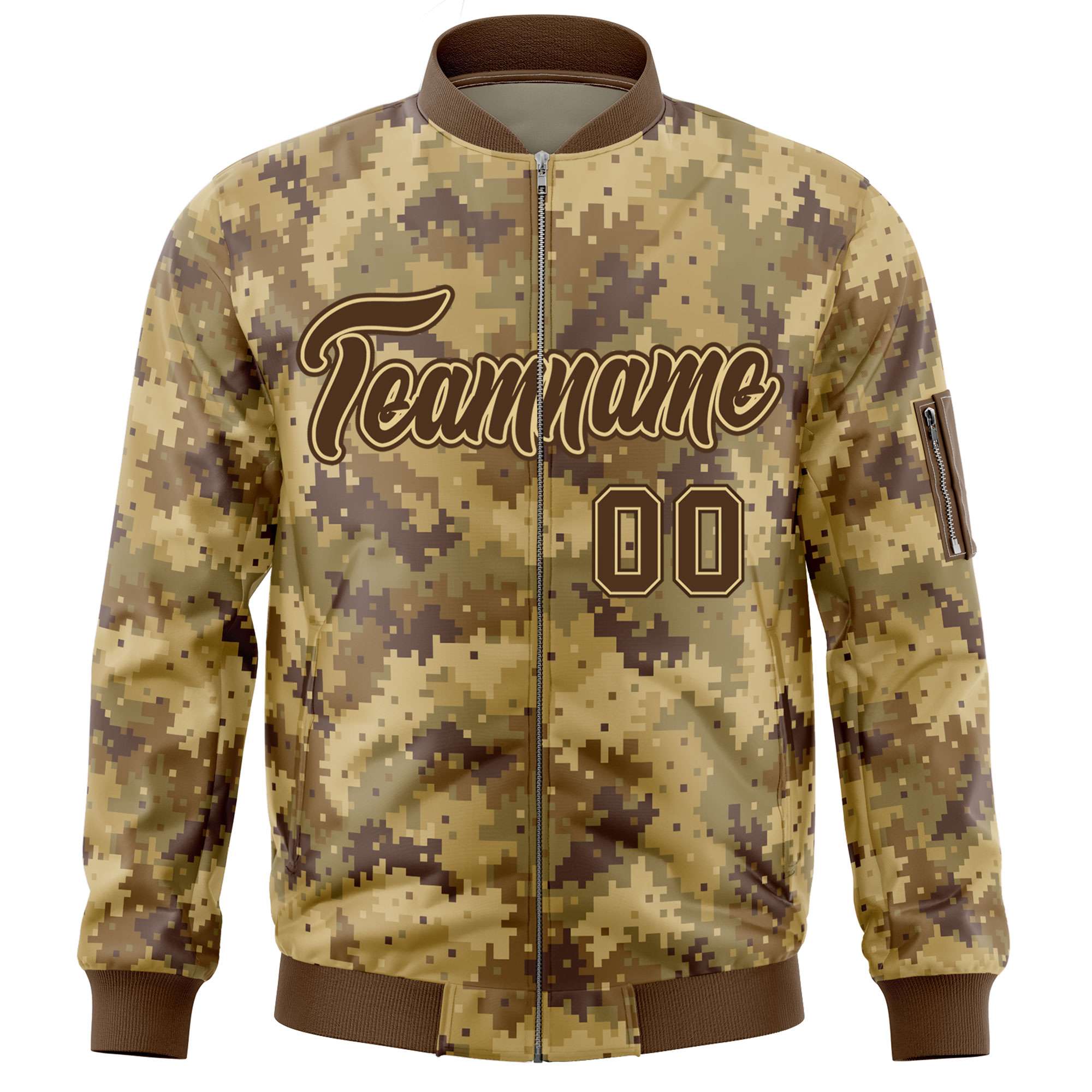 Custom Brown Varsity Full-Zip Camo Letterman Bomber Jacket