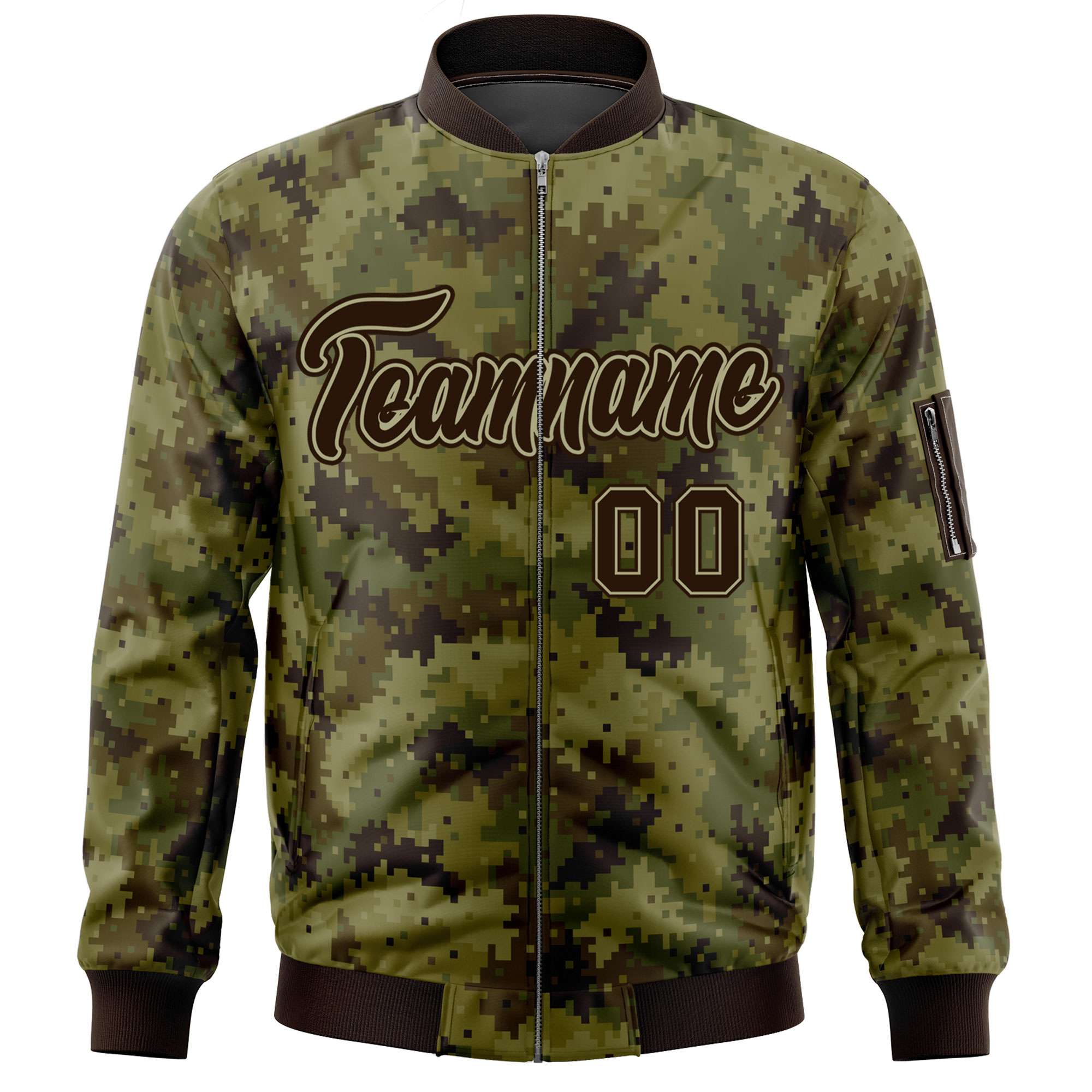 Custom Brown Varsity Full-Zip Camo Letterman Bomber Jacket