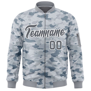 Custom Gray White Varsity Full-Zip Camo Letterman Bomber Jacket