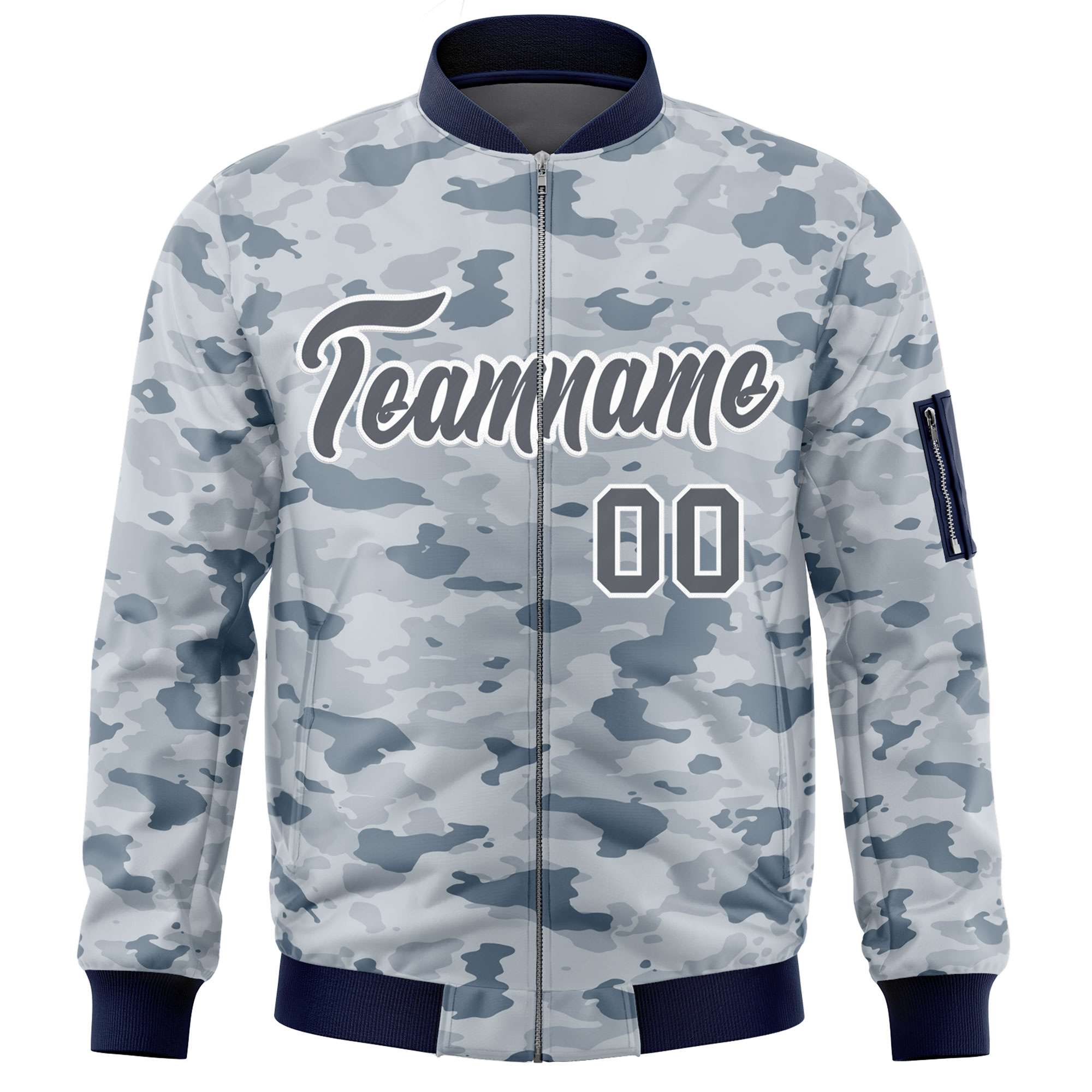 Custom Gray White Varsity Full-Zip Camo Letterman Bomber Jacket