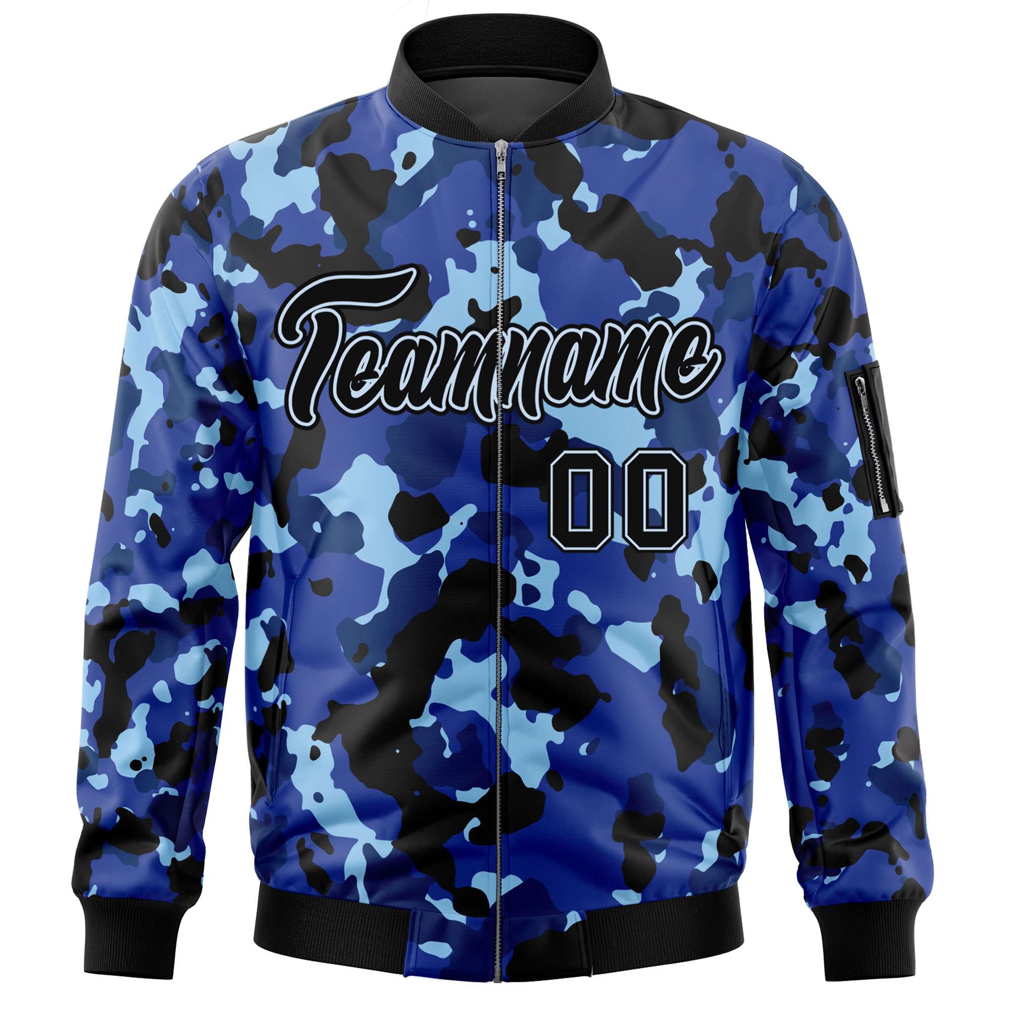 Custom Navy White Varsity Full-Zip Camo Letterman Bomber Jacket