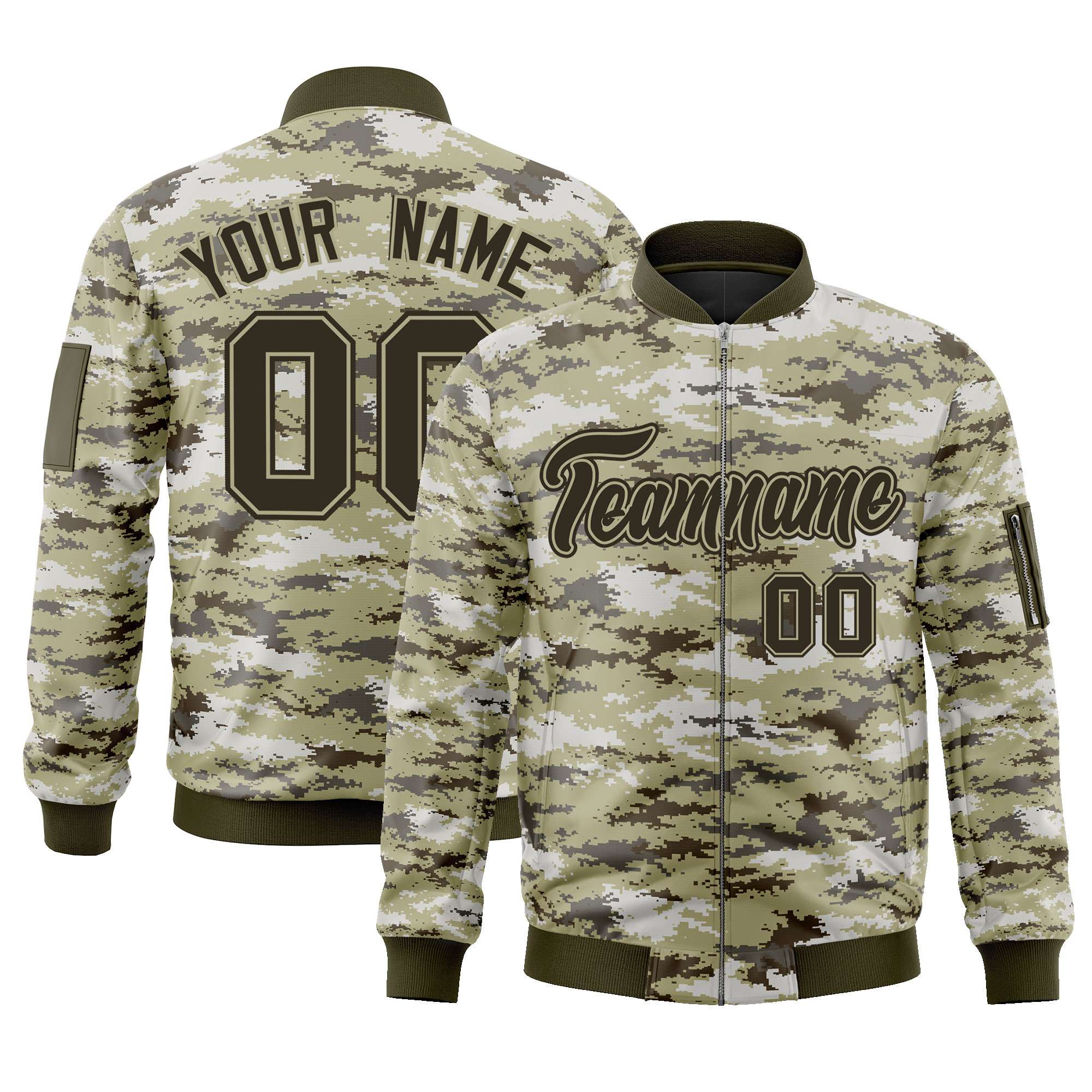 Custom Olive Varsity Full-Zip Camo Letterman Bomber Jacket