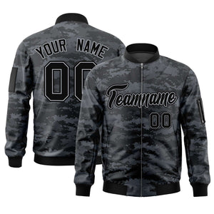 Custom Black Gray Varsity Full-Zip Camo Letterman Bomber Jacket