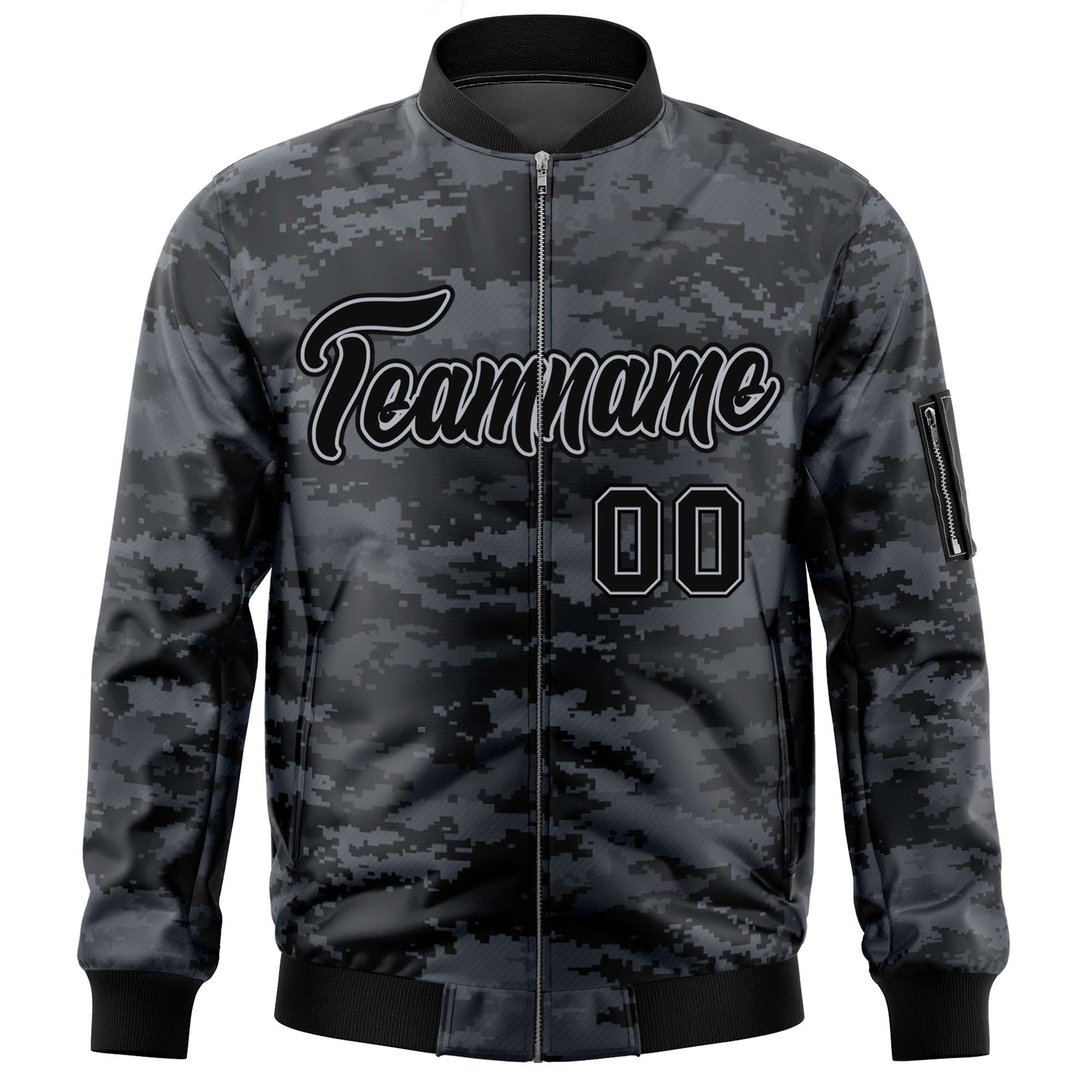 Custom Black Gray Varsity Full-Zip Camo Letterman Bomber Jacket