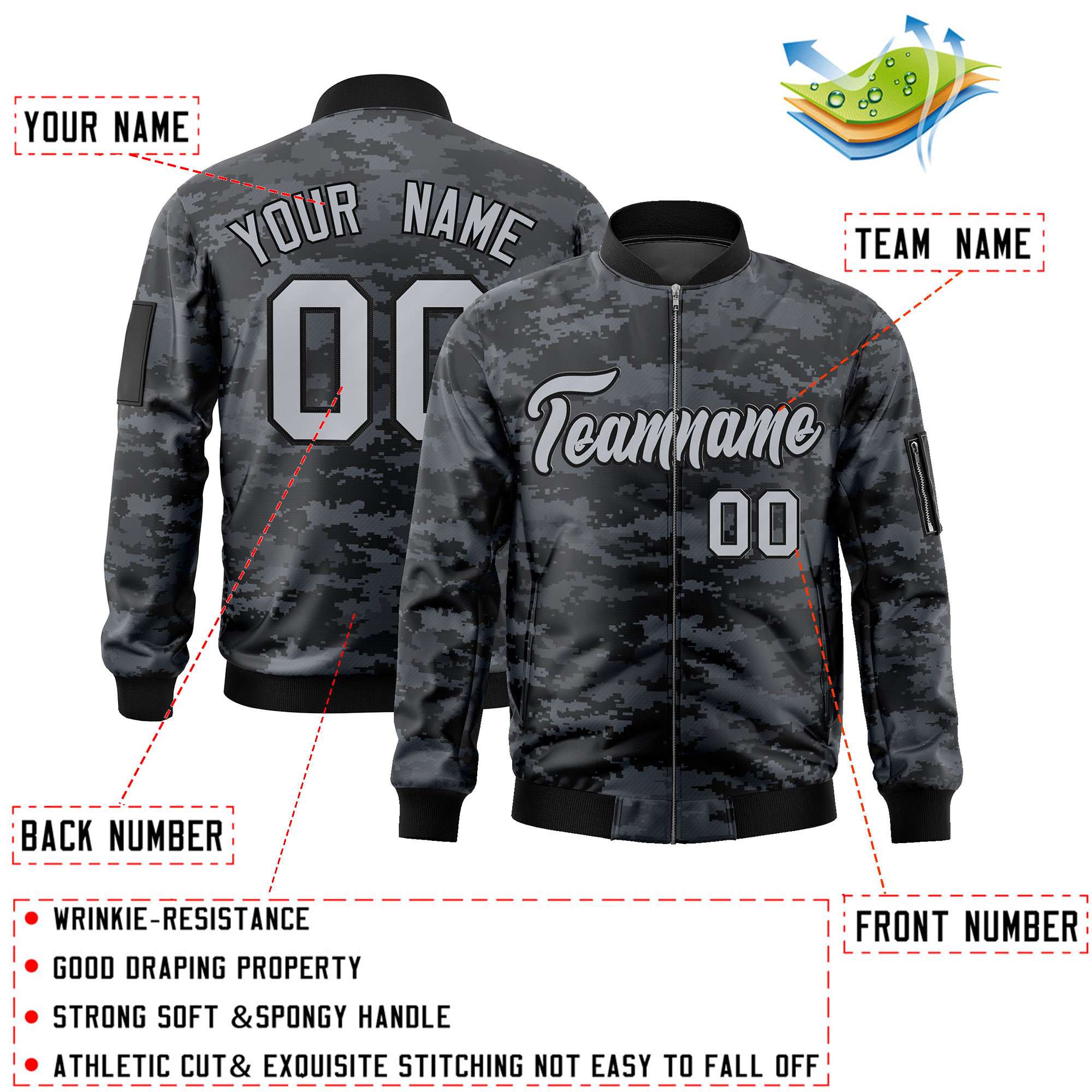 Custom Gray Black Varsity Full-Zip Camo Letterman Bomber Jacket