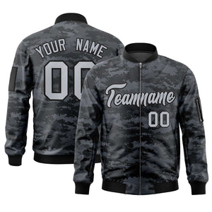 Custom Gray Black Varsity Full-Zip Camo Letterman Bomber Jacket