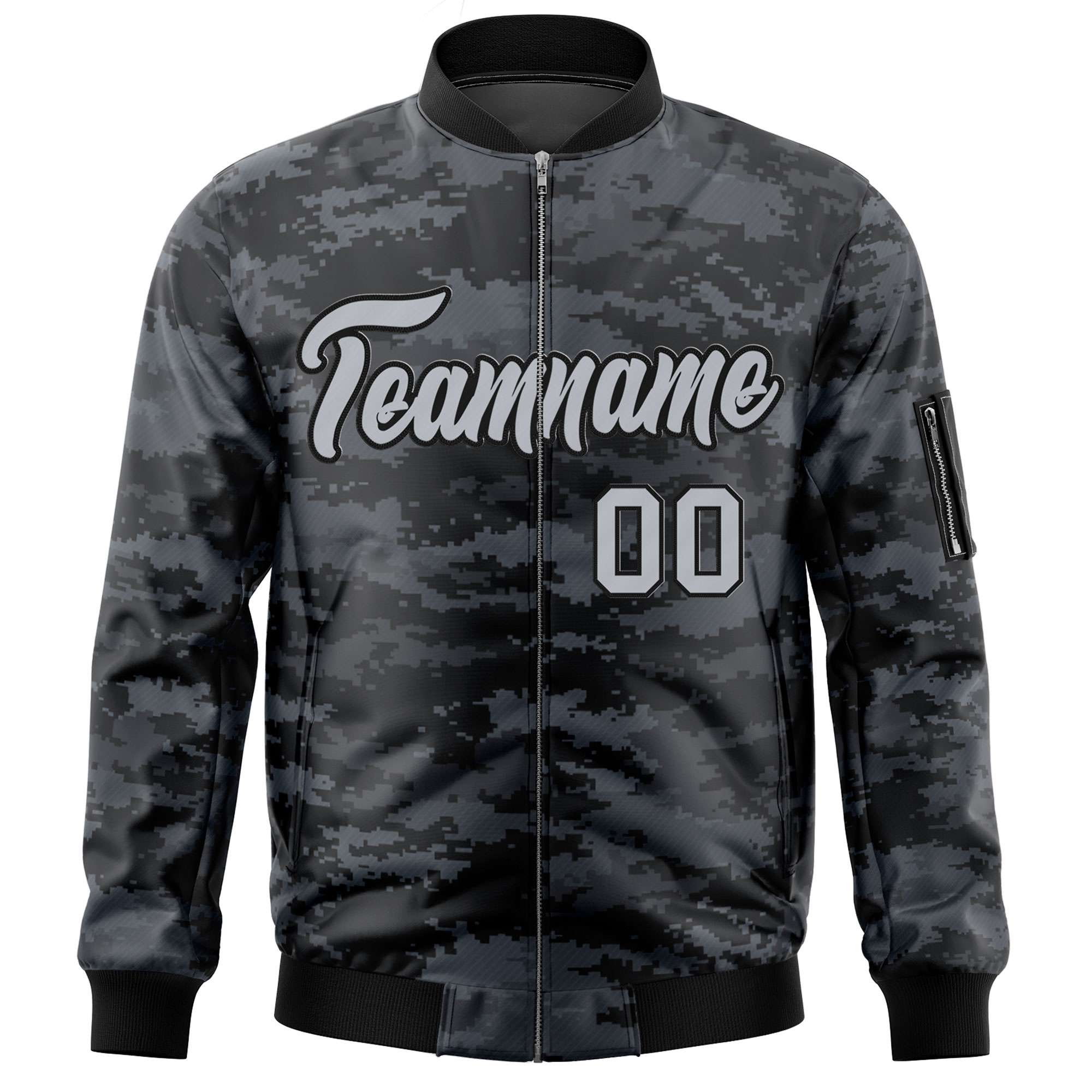 Custom Gray Black Varsity Full-Zip Camo Letterman Bomber Jacket