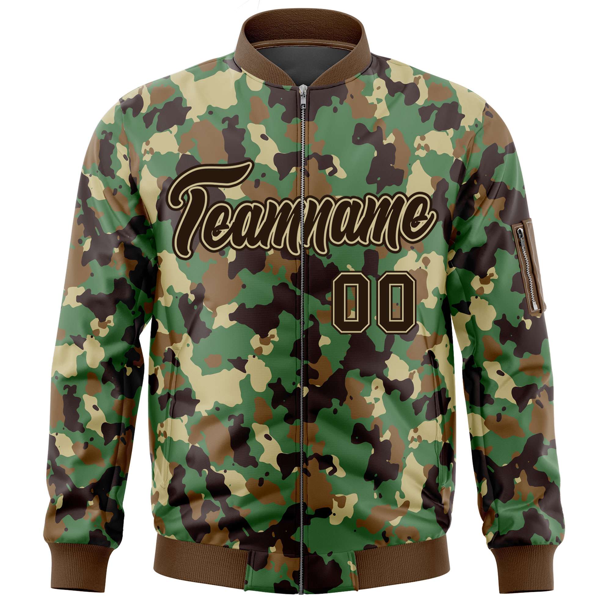 Custom Brown Khaki Varsity Full-Zip Camo Letterman Bomber Jacket