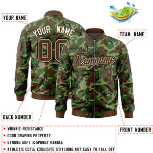 Custom Brown Khaki Varsity Full-Zip Camo Letterman Bomber Jacket