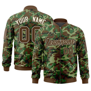 Custom Brown Khaki Varsity Full-Zip Camo Letterman Bomber Jacket