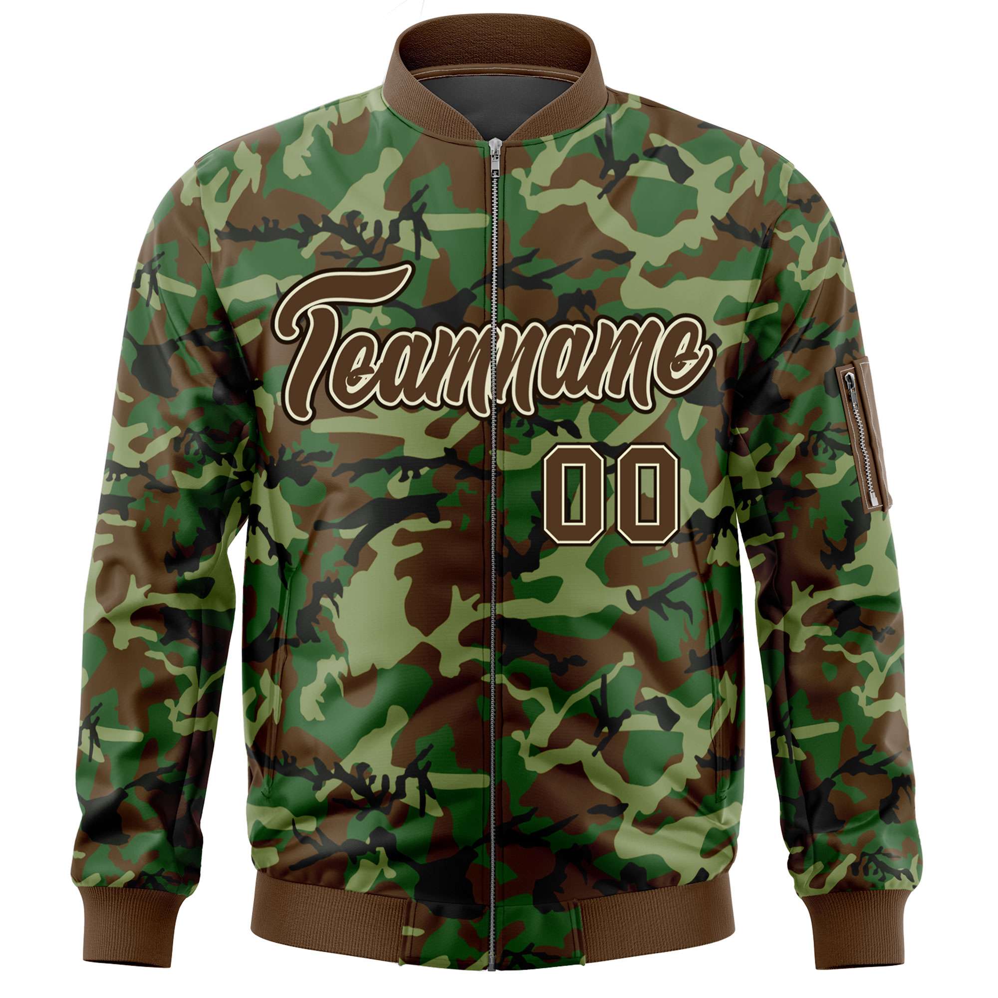 Custom Brown Khaki Varsity Full-Zip Camo Letterman Bomber Jacket