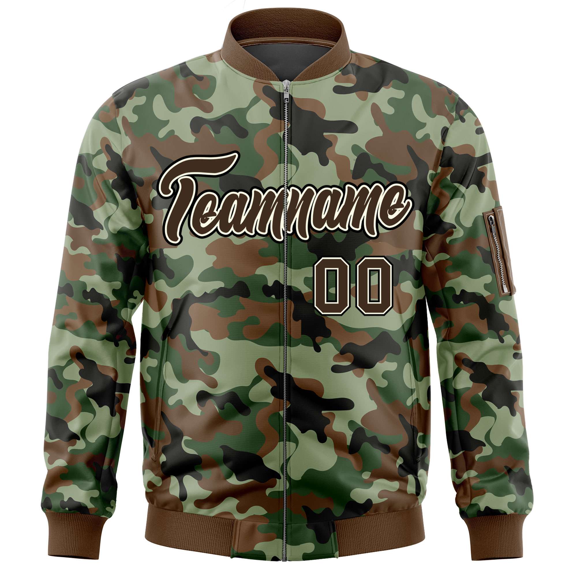 Custom Brown Khaki Varsity Full-Zip Camo Letterman Bomber Jacket