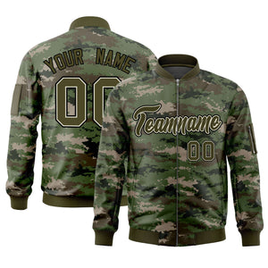 Custom Olive Varsity Full-Zip Camo Letterman Bomber Jacket