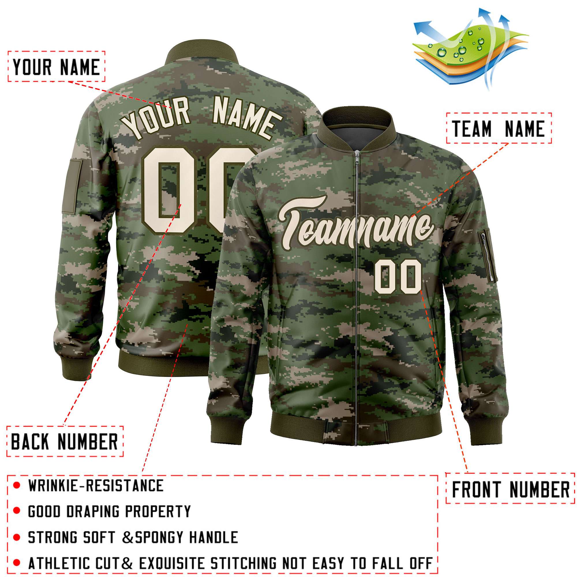 Custom Gray Olive Varsity Full-Zip Camo Letterman Bomber Jacket