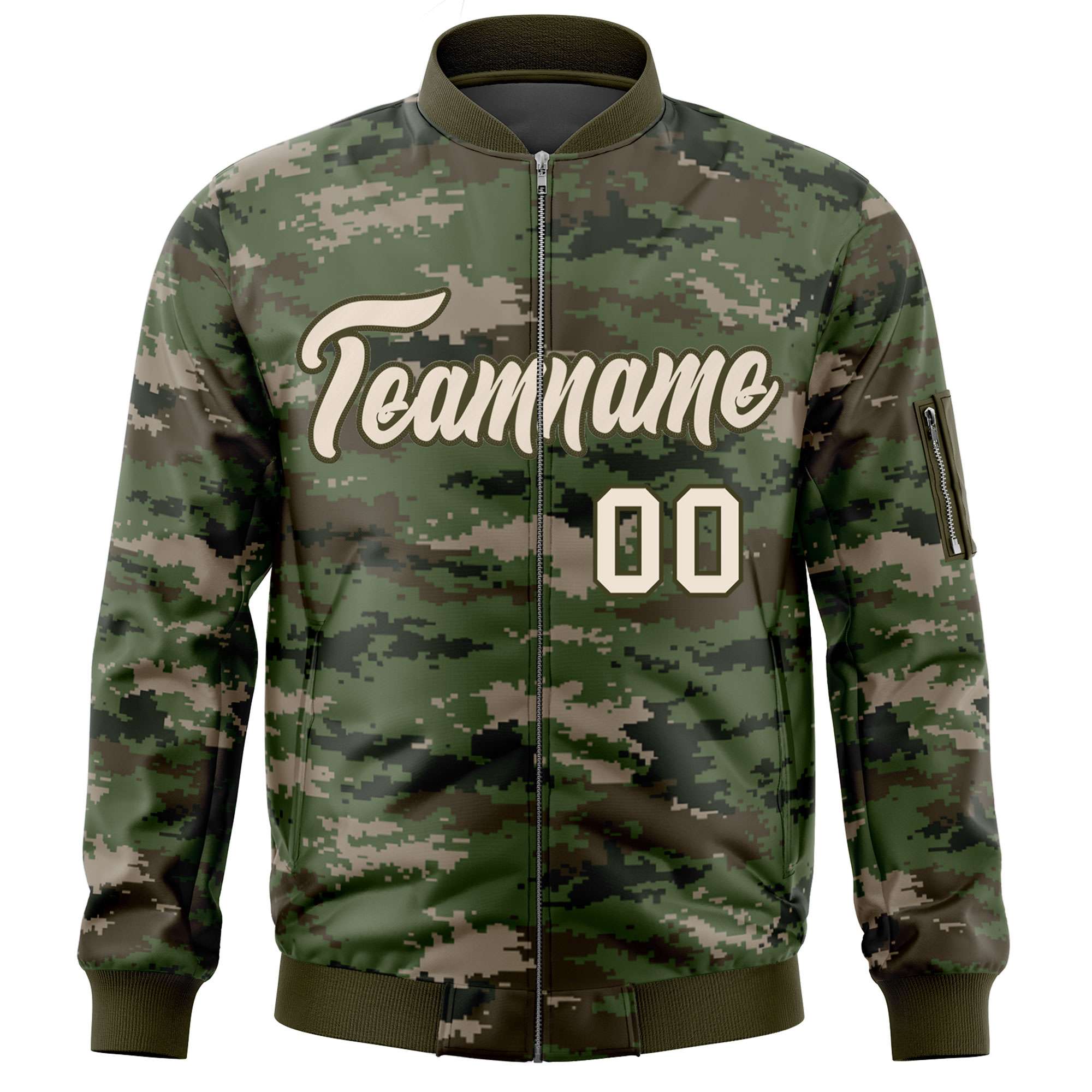 Custom Gray Olive Varsity Full-Zip Camo Letterman Bomber Jacket