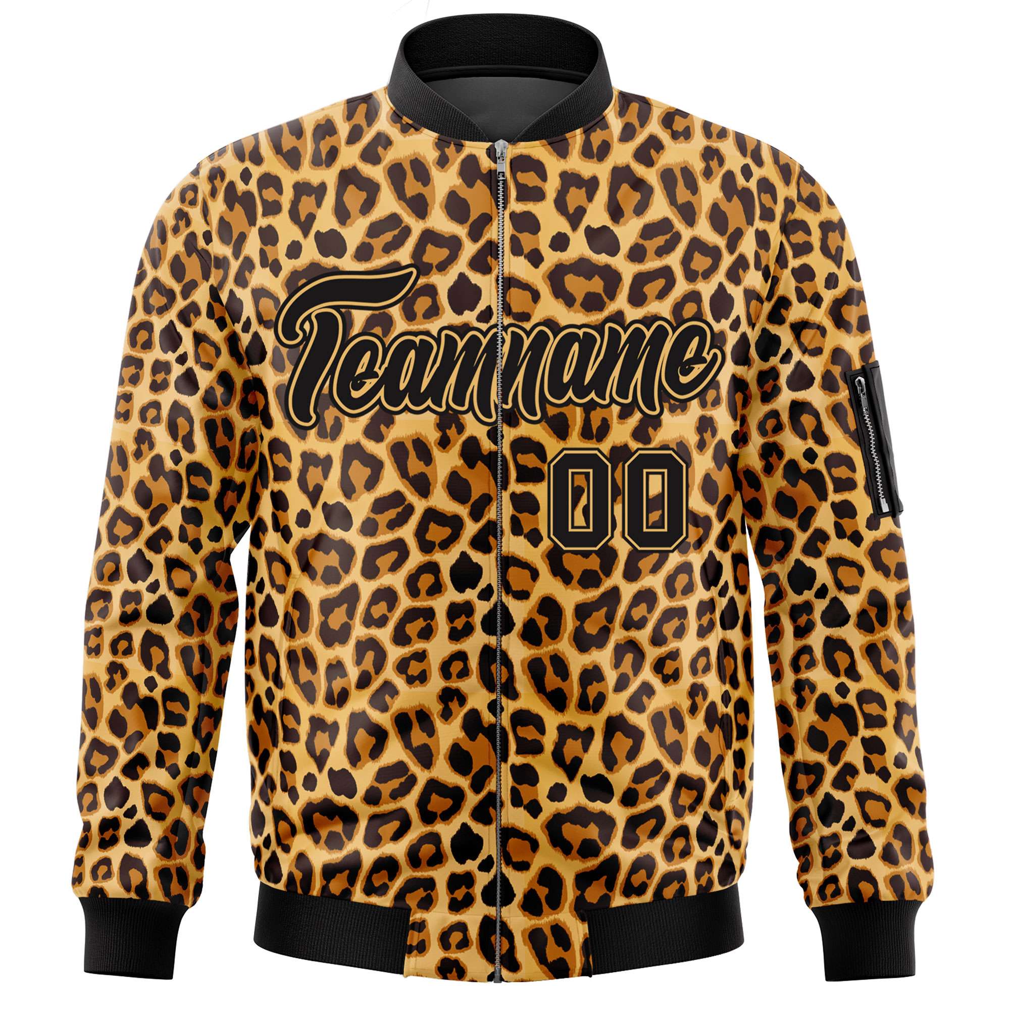 Custom Black Yellow Leopard Graffiti Pattern Zipper Cardigan Bomber Jacket