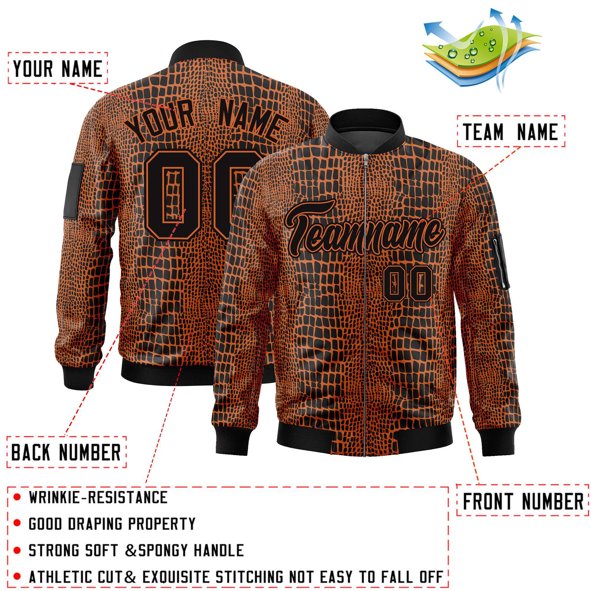 Custom Black Orange Varsity Full-Zip Crocodile Graffiti Pattern Letterman Bomber Jacket