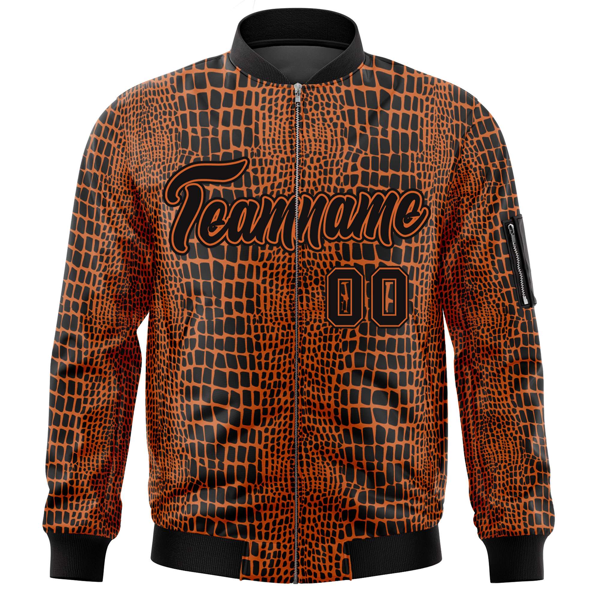 Custom Black Orange Varsity Full-Zip Crocodile Graffiti Pattern Letterman Bomber Jacket