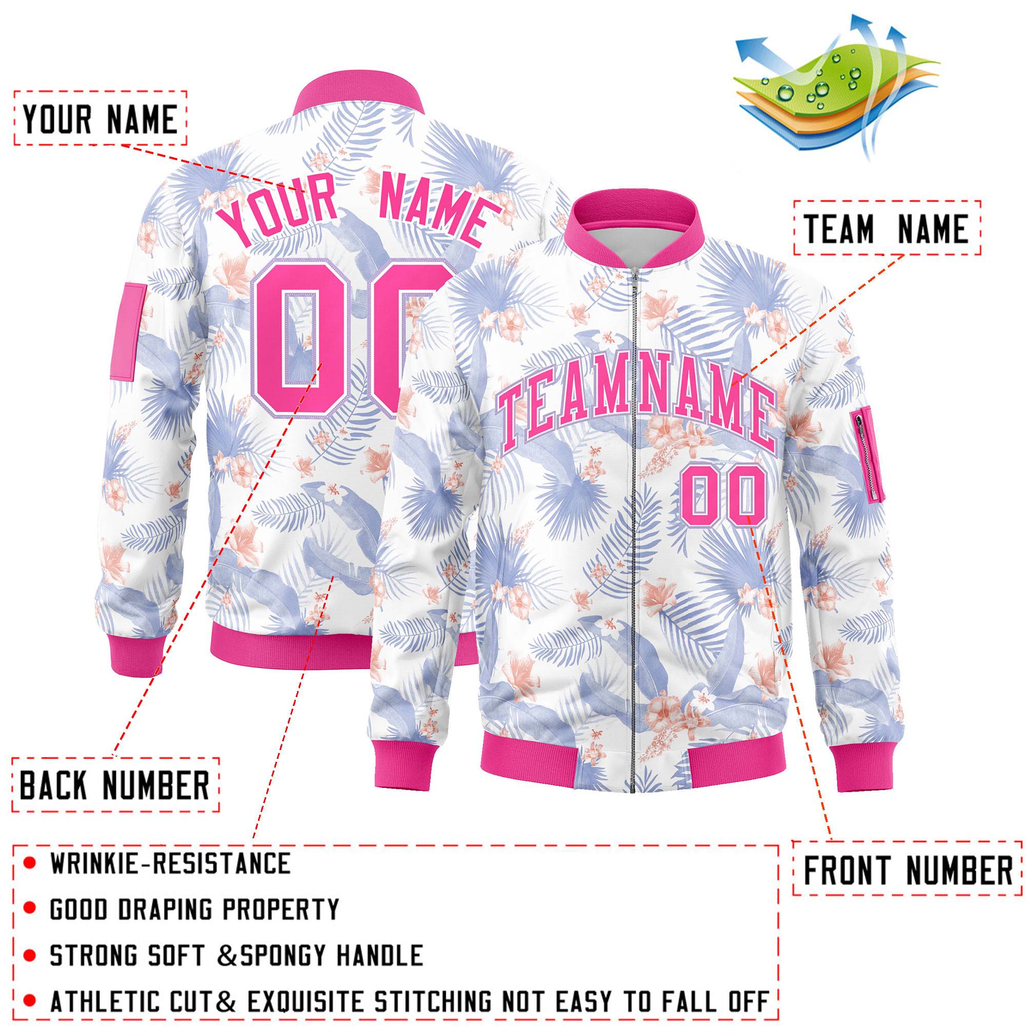 Custom White Pink Varsity Full-Zip Hawaii Letterman Bomber Jacket