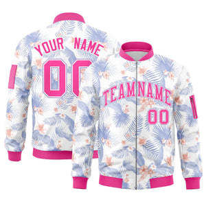 Custom White Pink Varsity Full-Zip Hawaii Letterman Bomber Jacket