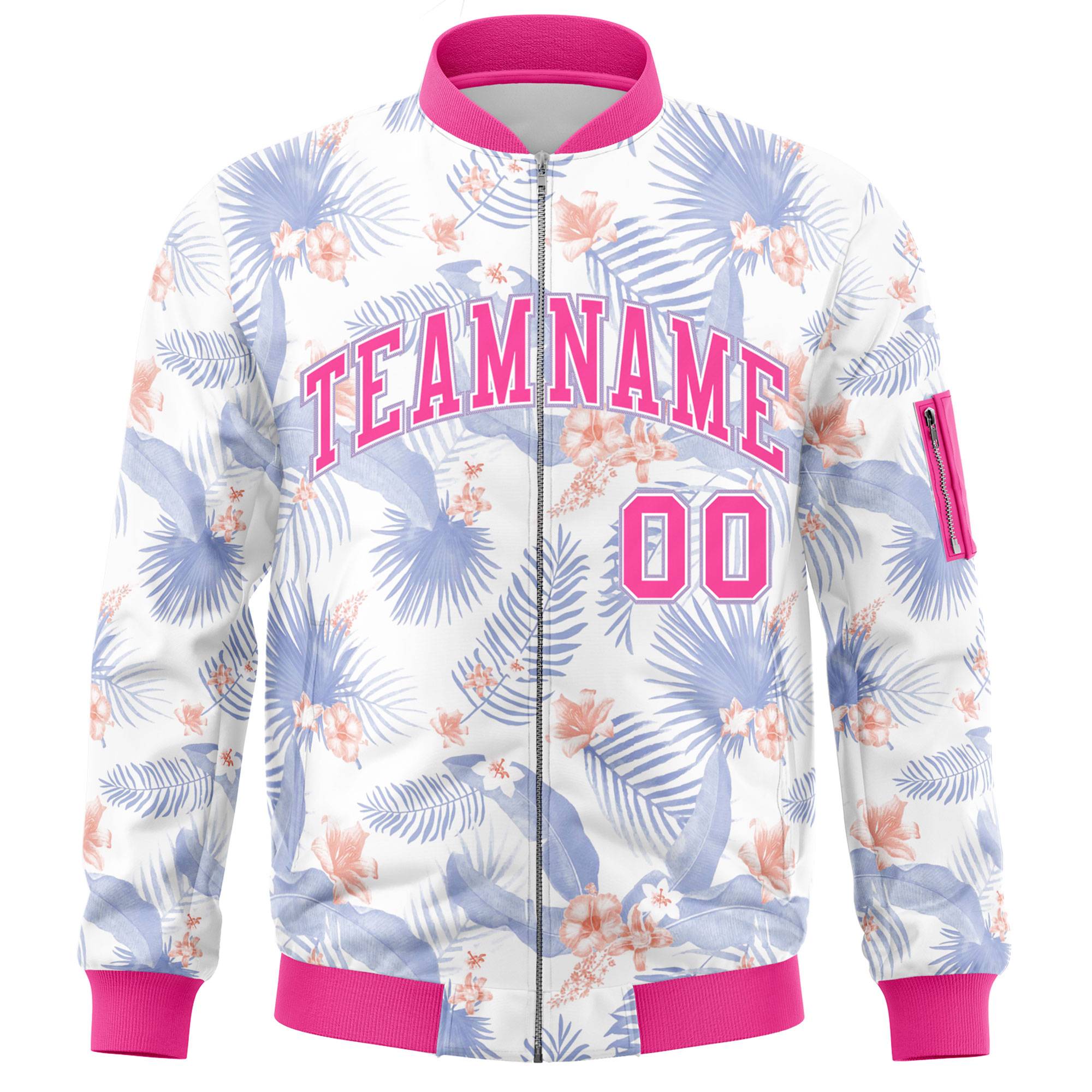 Custom White Pink Varsity Full-Zip Hawaii Letterman Bomber Jacket