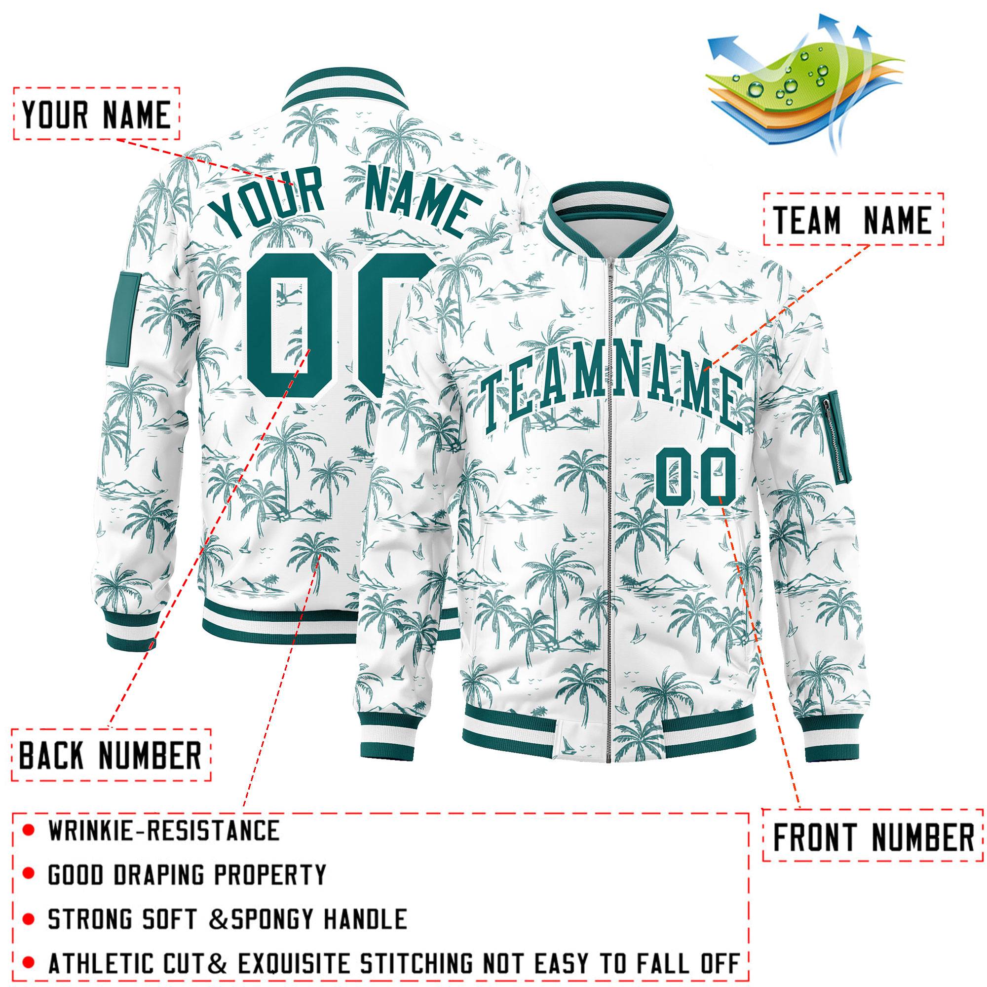 Custom Aqua Varsity Full-Zip Hawaii Letterman Bomber Jacket