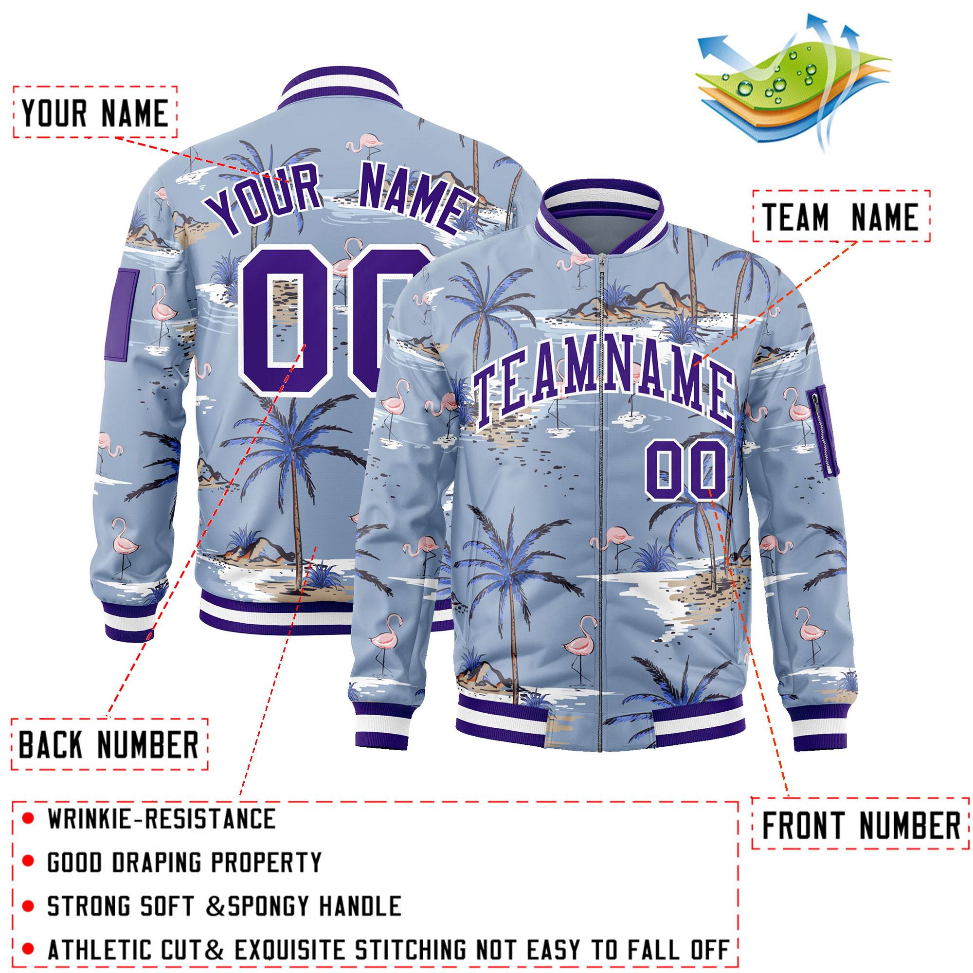 Custom Purple Varsity Full-Zip Hawaii Letterman Bomber Jacket