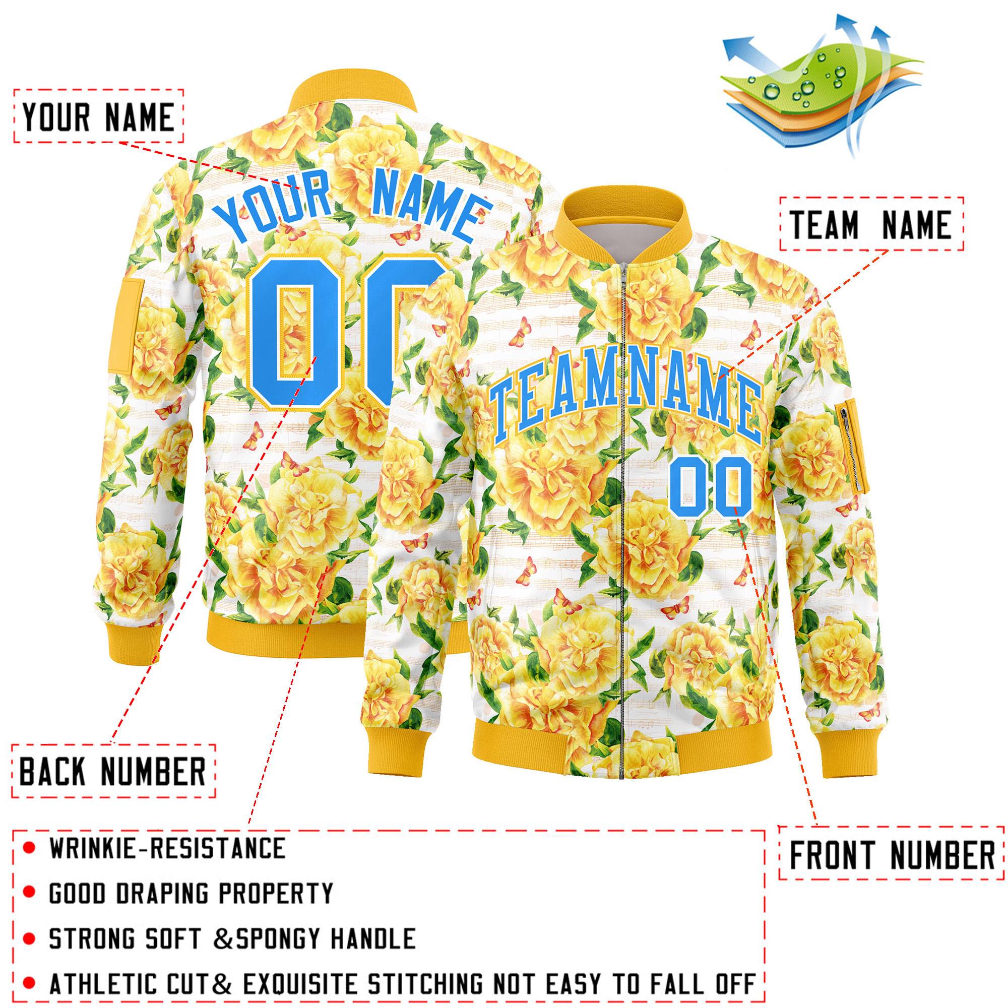 Custom Gold Powder Blue Varsity Full-Zip Hawaii Letterman Bomber Jacket