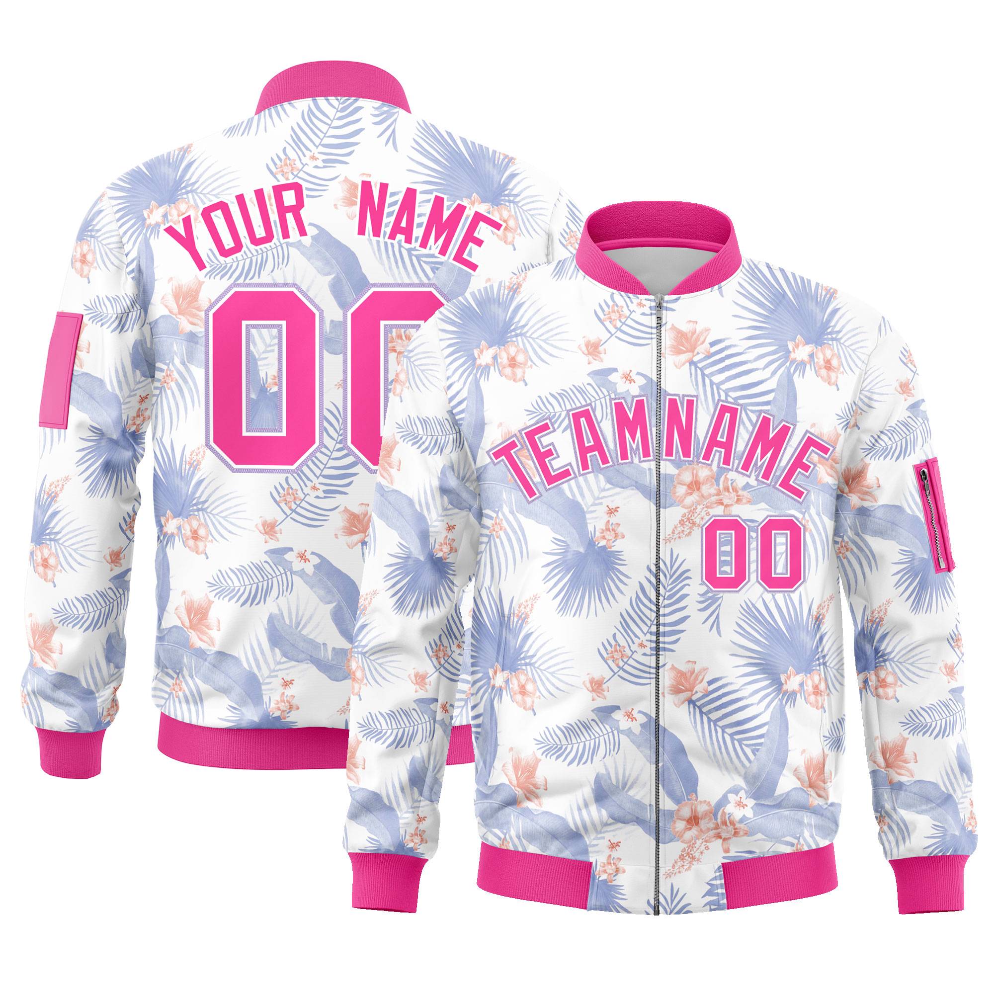 Custom White Pink Varsity Full-Zip Hawaii Letterman Bomber Jacket