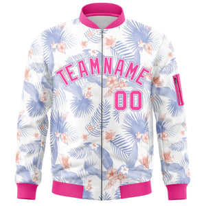 Custom White Pink Varsity Full-Zip Hawaii Letterman Bomber Jacket