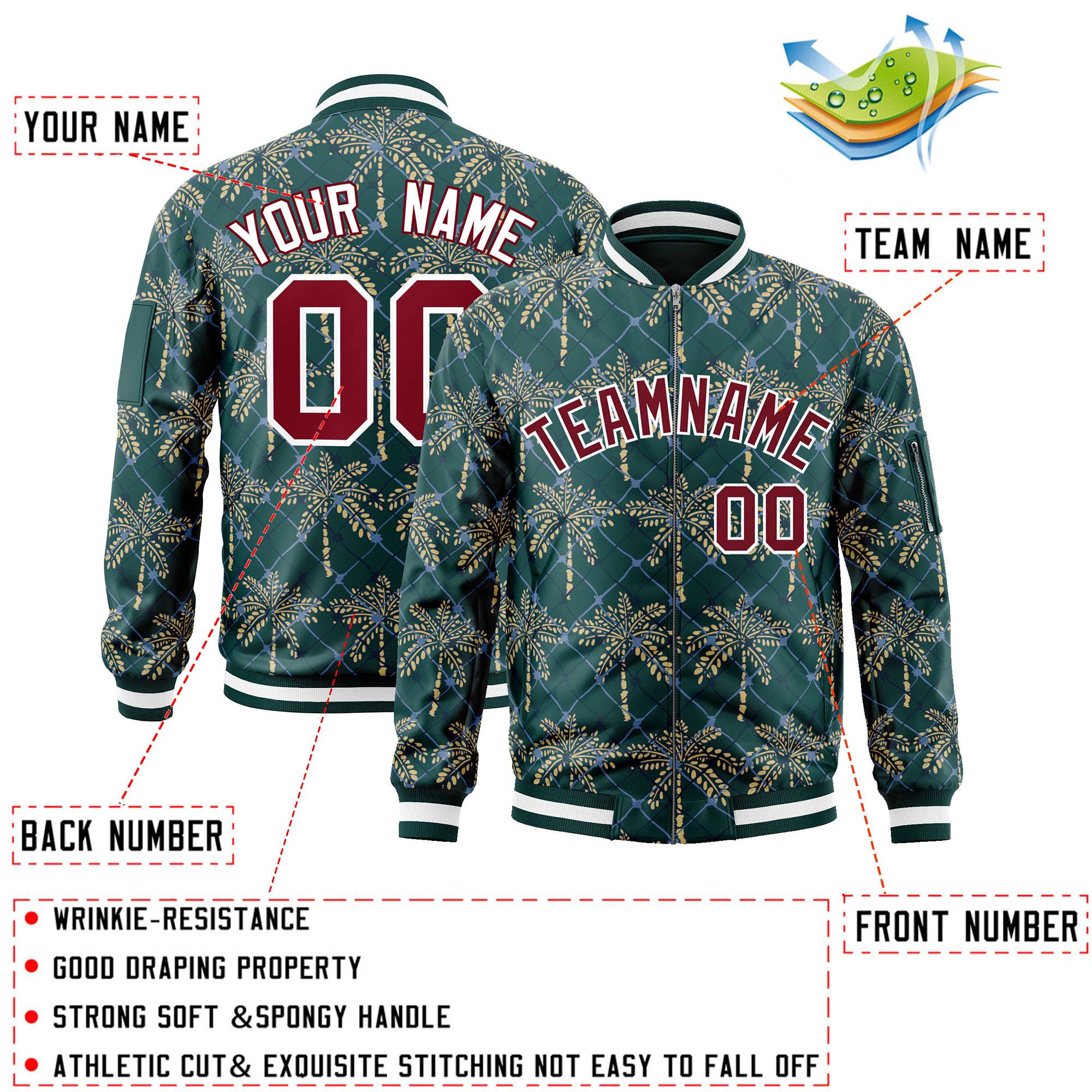 Custom Midnight Green Crimson Varsity Full-Zip Hawaii Letterman Bomber Jacket