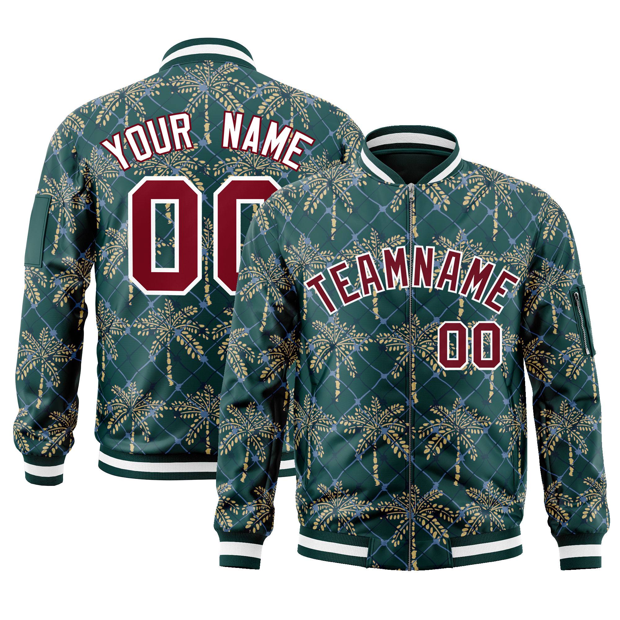 Custom Midnight Green Crimson Varsity Full-Zip Hawaii Letterman Bomber Jacket