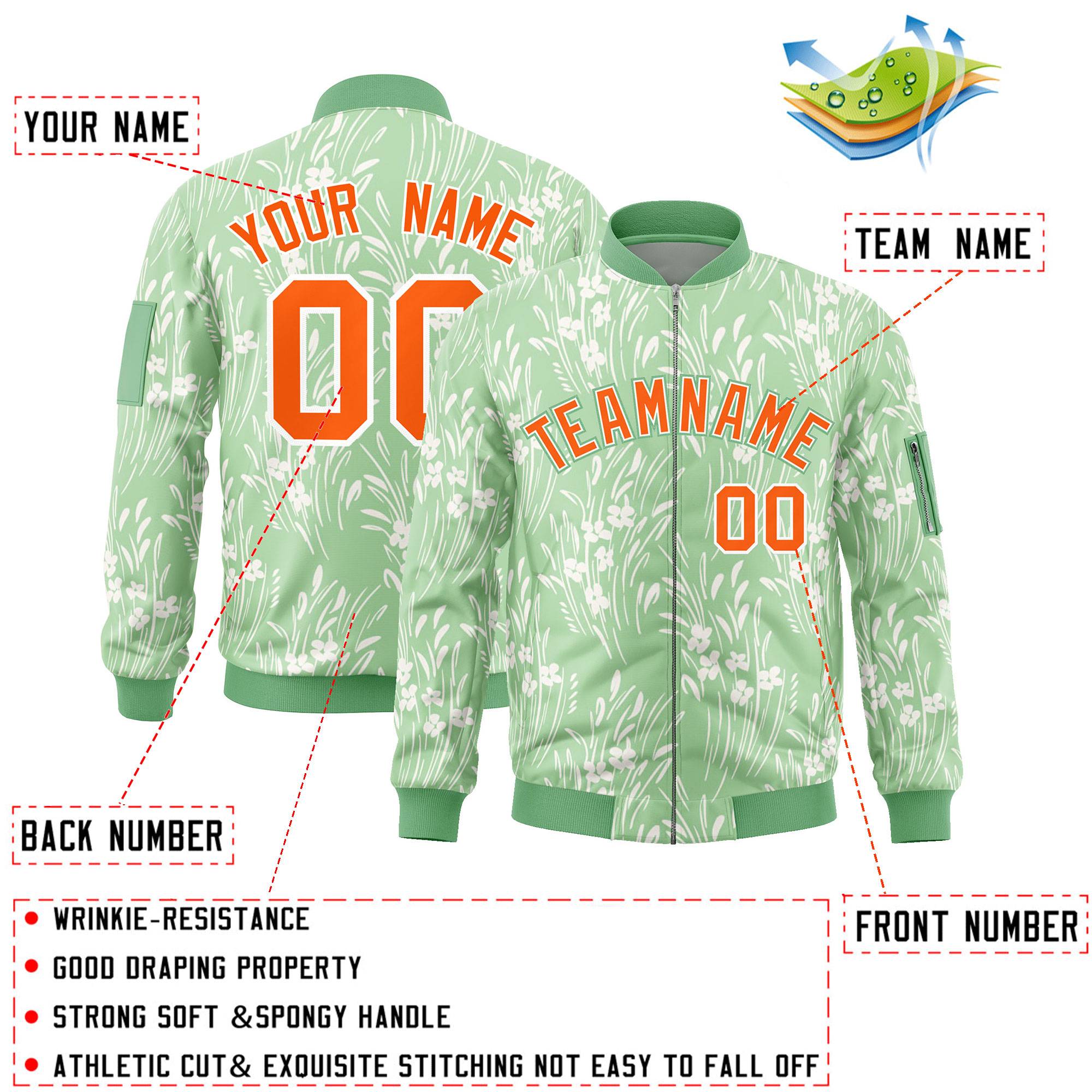 Custom Green Orange Varsity Full-Zip Hawaii Letterman Bomber Jacket