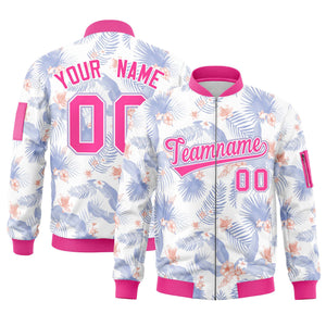 Custom White Pink Varsity Full-Zip Hawaii Letterman Bomber Jacket