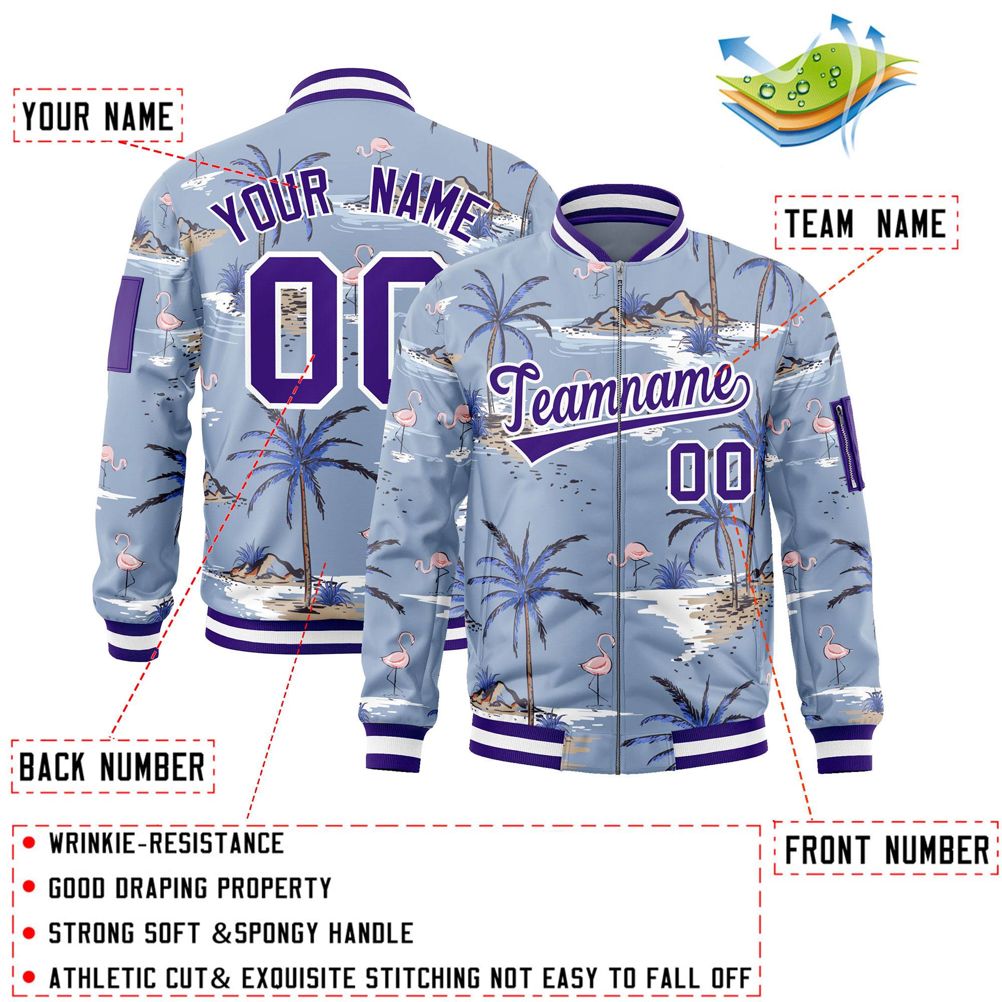 Custom Purple Varsity Full-Zip Hawaii Letterman Bomber Jacket