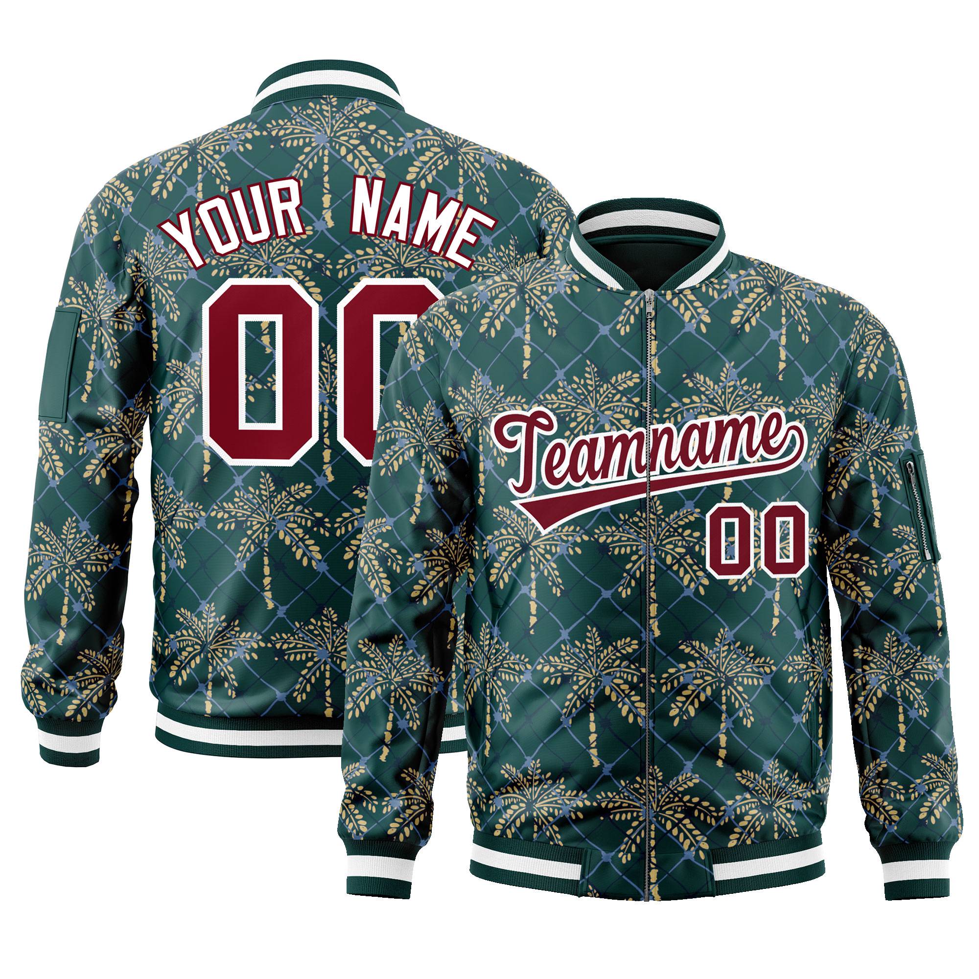 Custom Midnight Green Crimson Varsity Full-Zip Hawaii Letterman Bomber Jacket