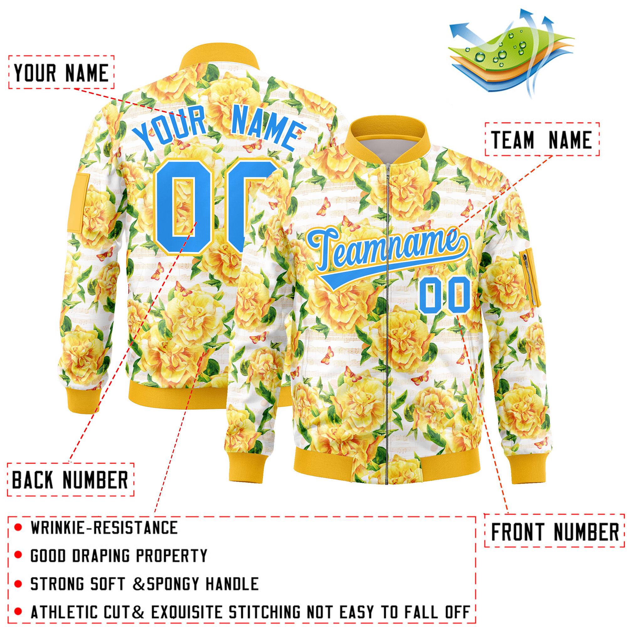 Custom Gold Powder Blue Varsity Full-Zip Hawaii Letterman Bomber Jacket