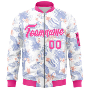 Custom White Pink Varsity Full-Zip Hawaii Letterman Bomber Jacket