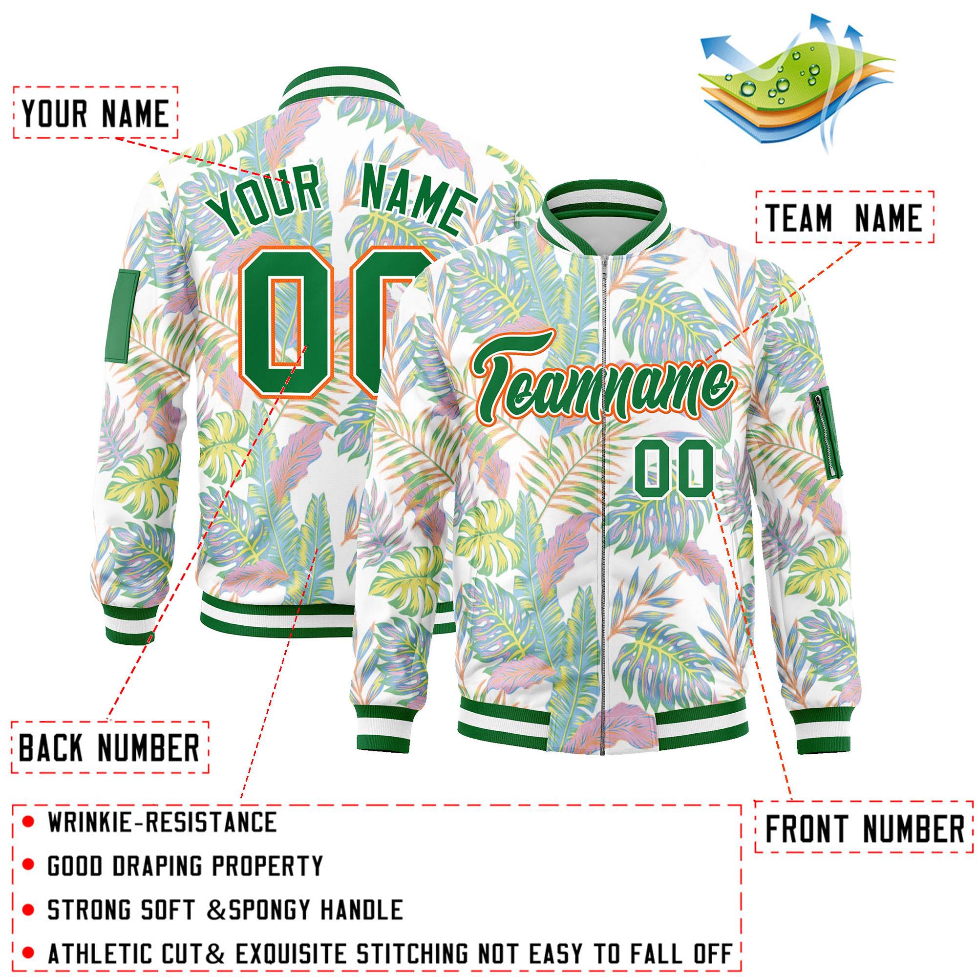 Custom Kelly Green  Varsity Full-Zip Hawaii Letterman Bomber Jacket