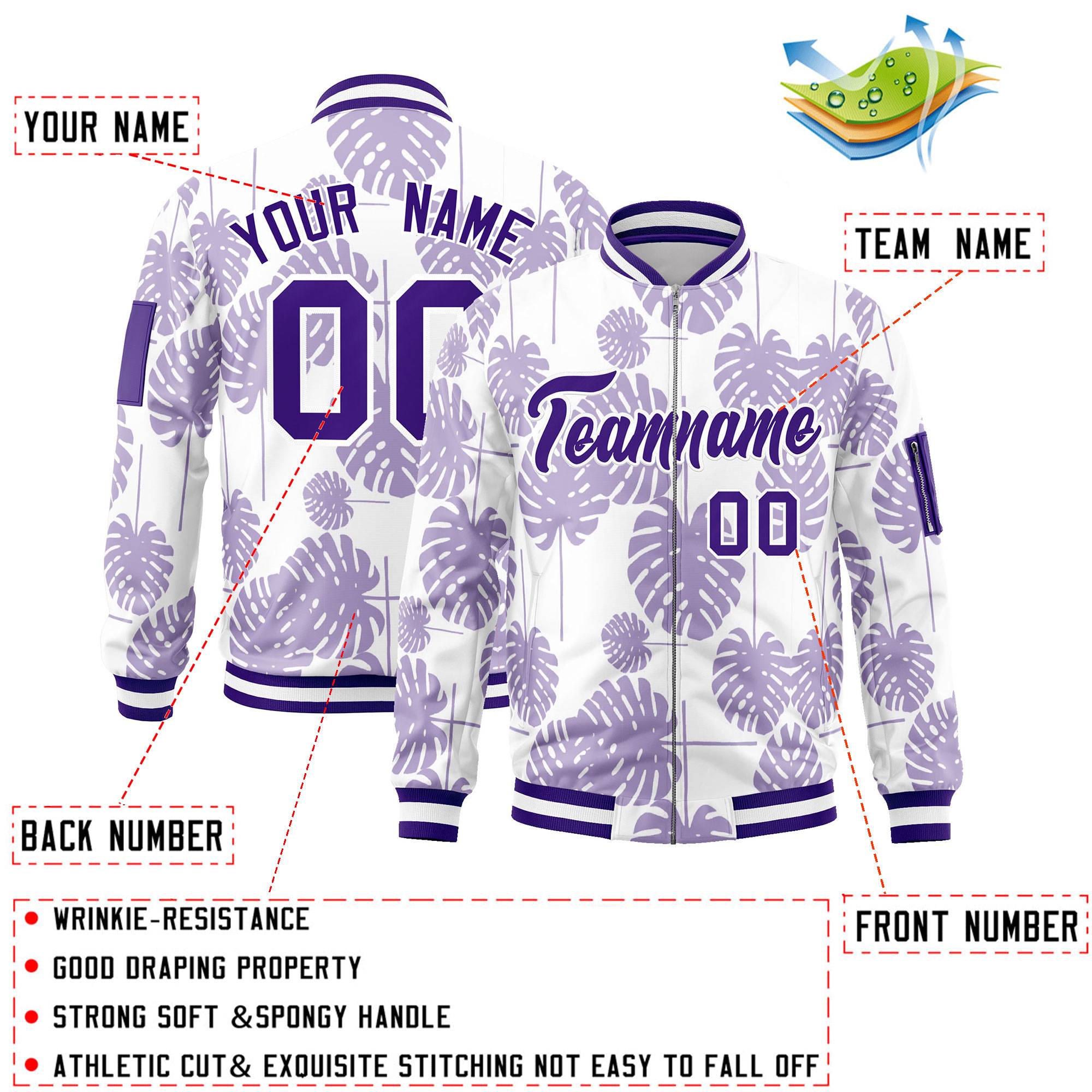 Custom Purple Varsity Full-Zip Hawaii Letterman Bomber Jacket